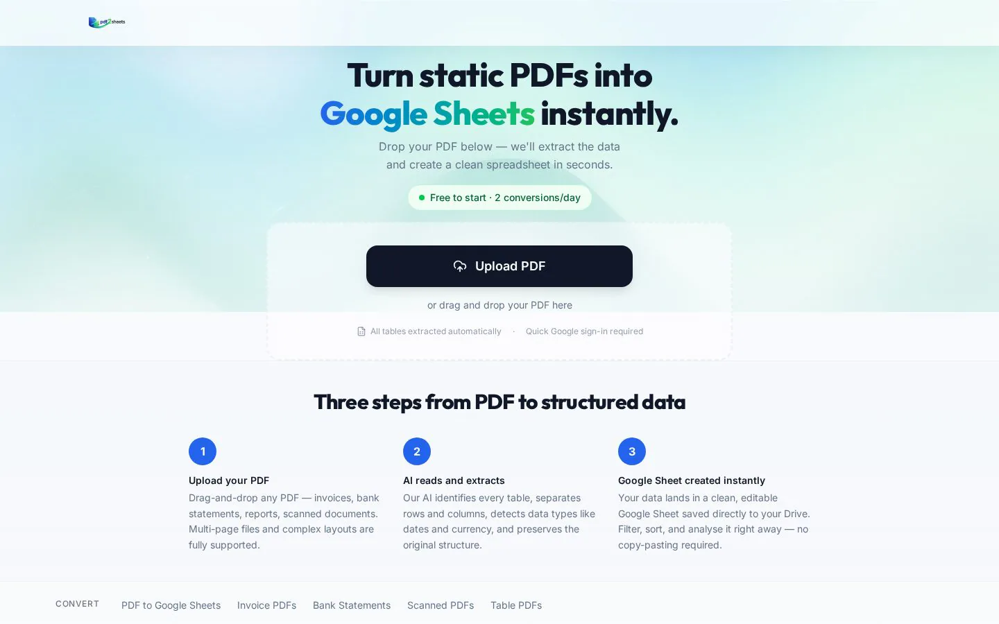 PDF2Sheets website homepage