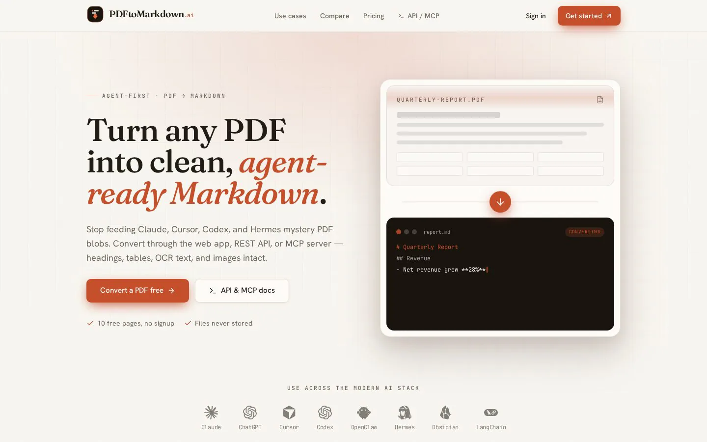 Homepage of pdftomarkdown.ai