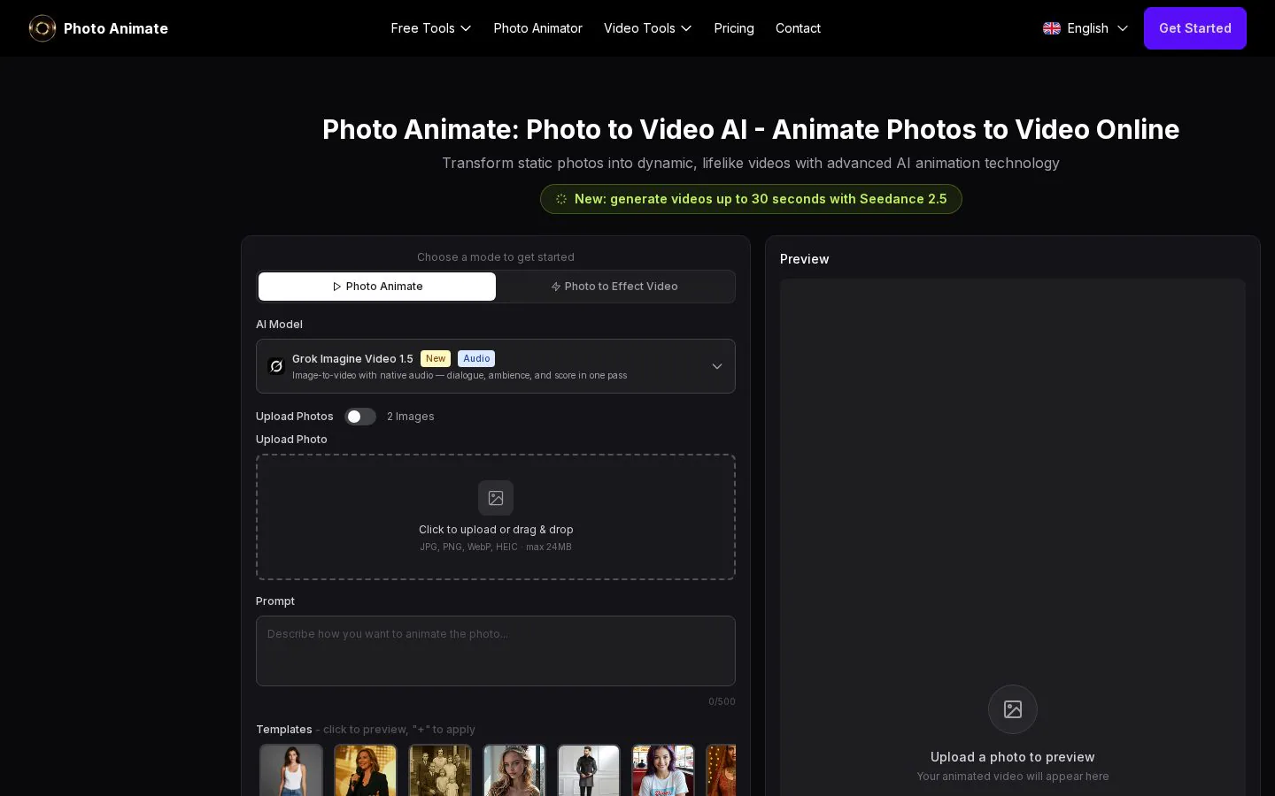 Photo Animate screenshot showing a video editing program