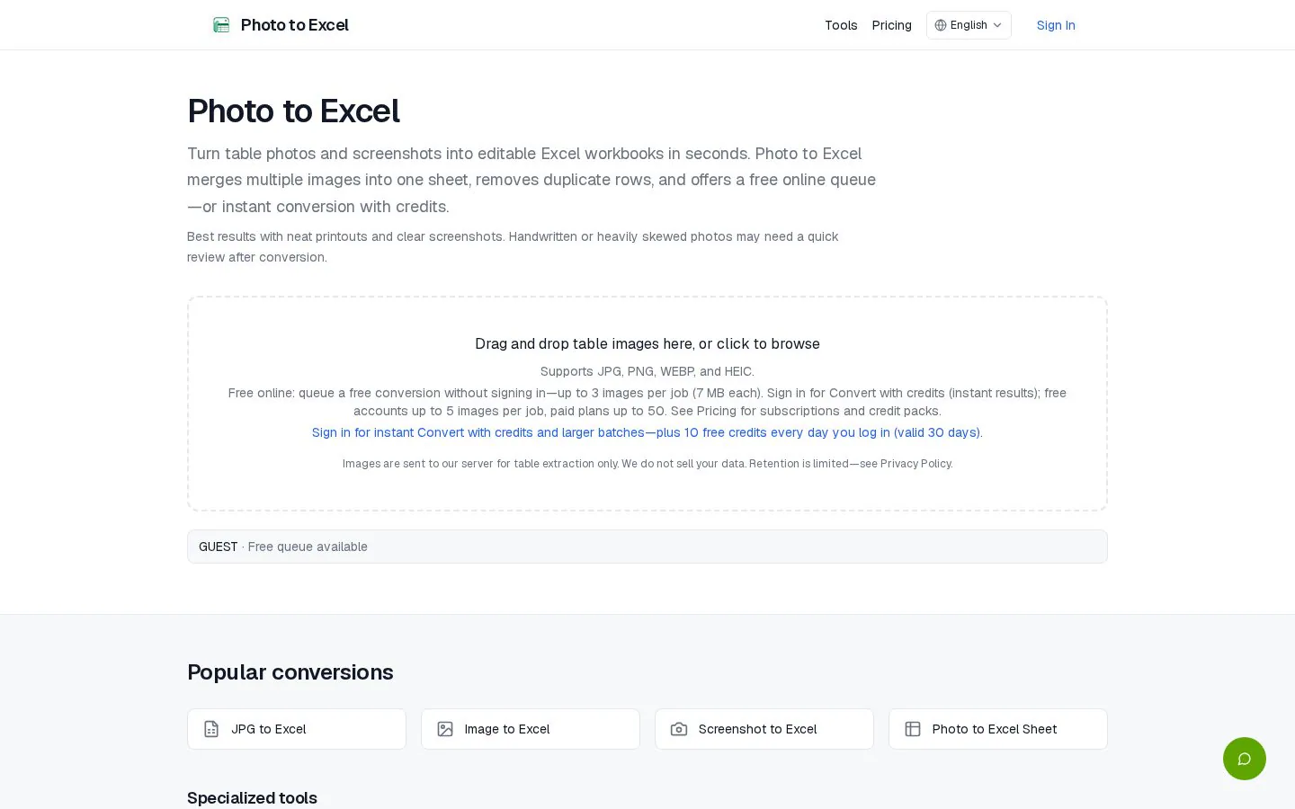 Photo to Excel website homepage