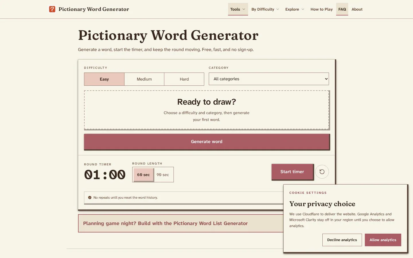 Pictionary Word Generator website homepage