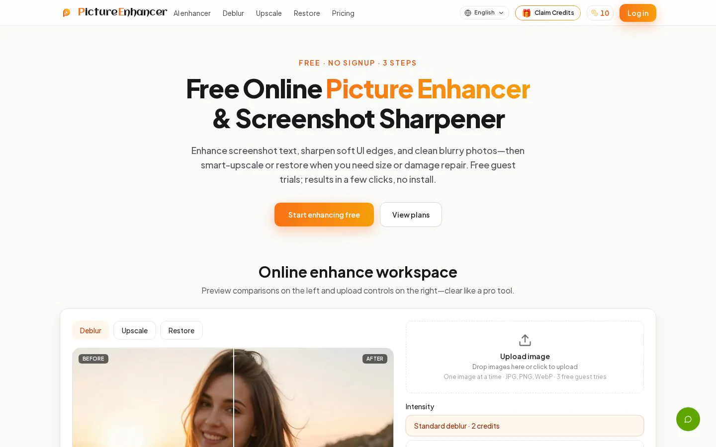 Picture Enhancer website homepage