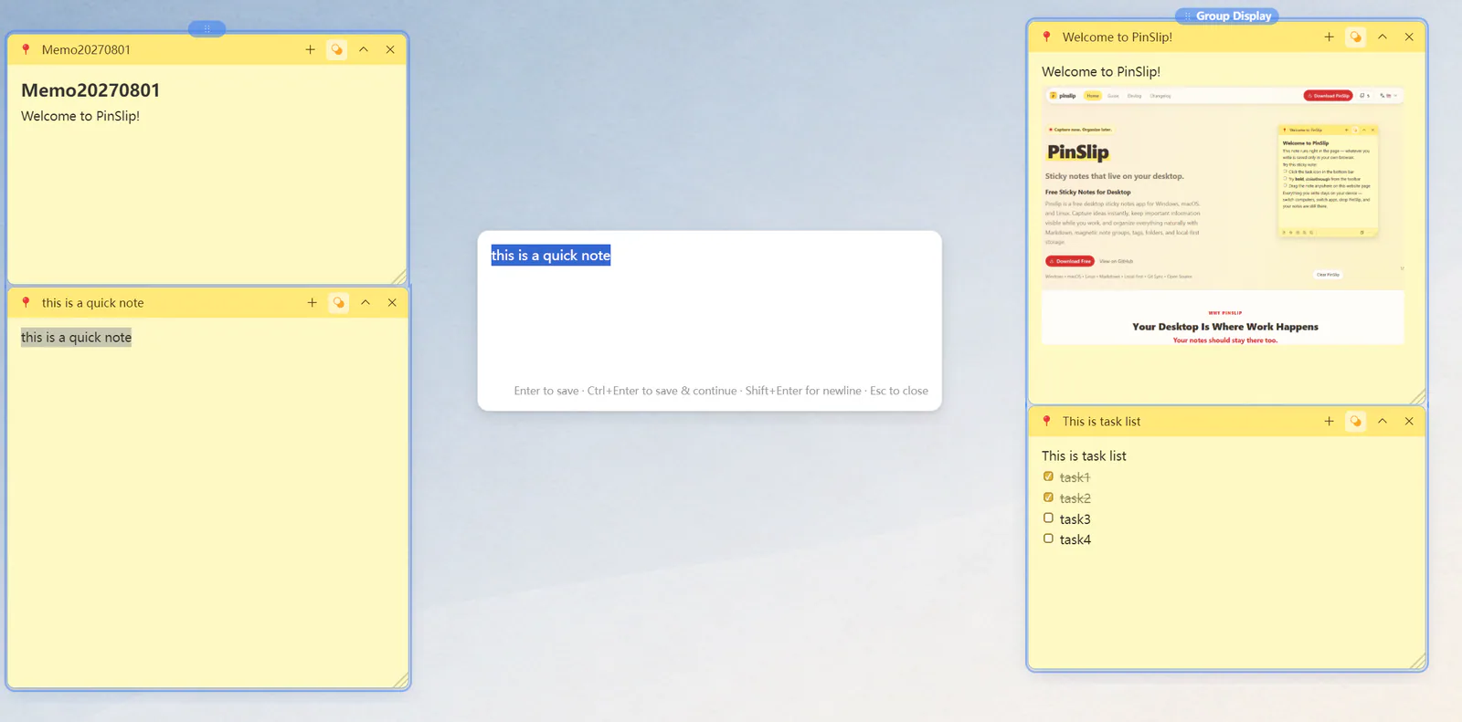 Pinslip product screenshot showing three sticky note application windows on a desktop background