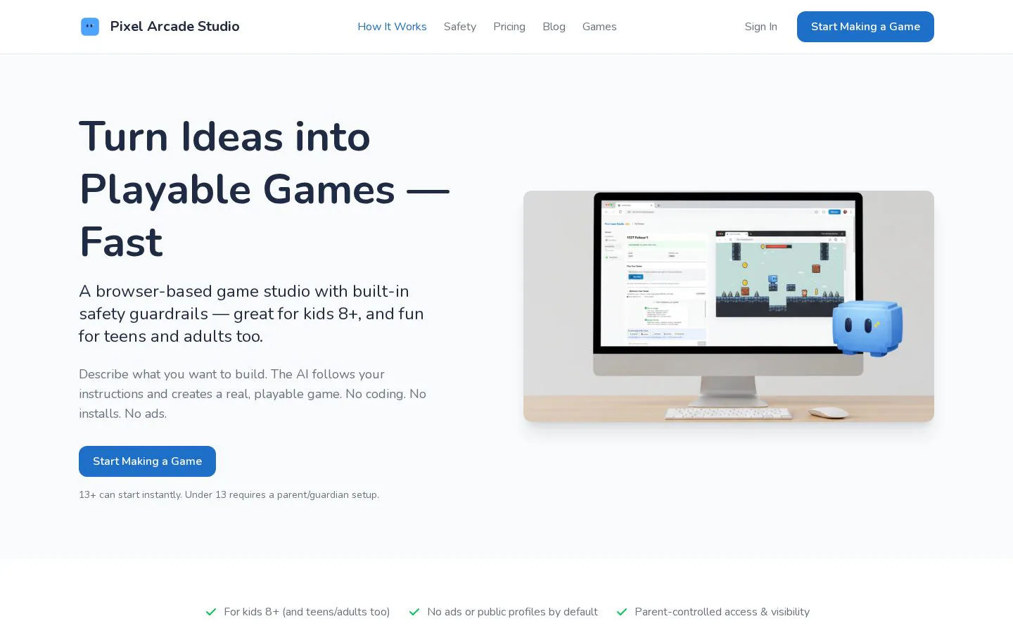 Pixel Arcade Studio website homepage