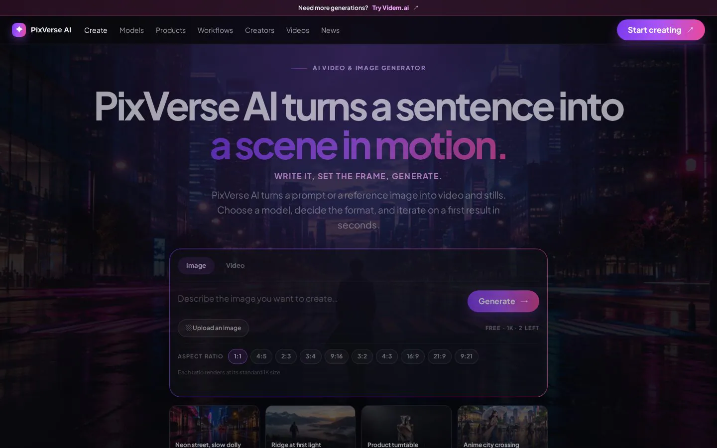 PixVerse AI screenshot showing the title Pixverse Al turns a sentence into a scene in motion