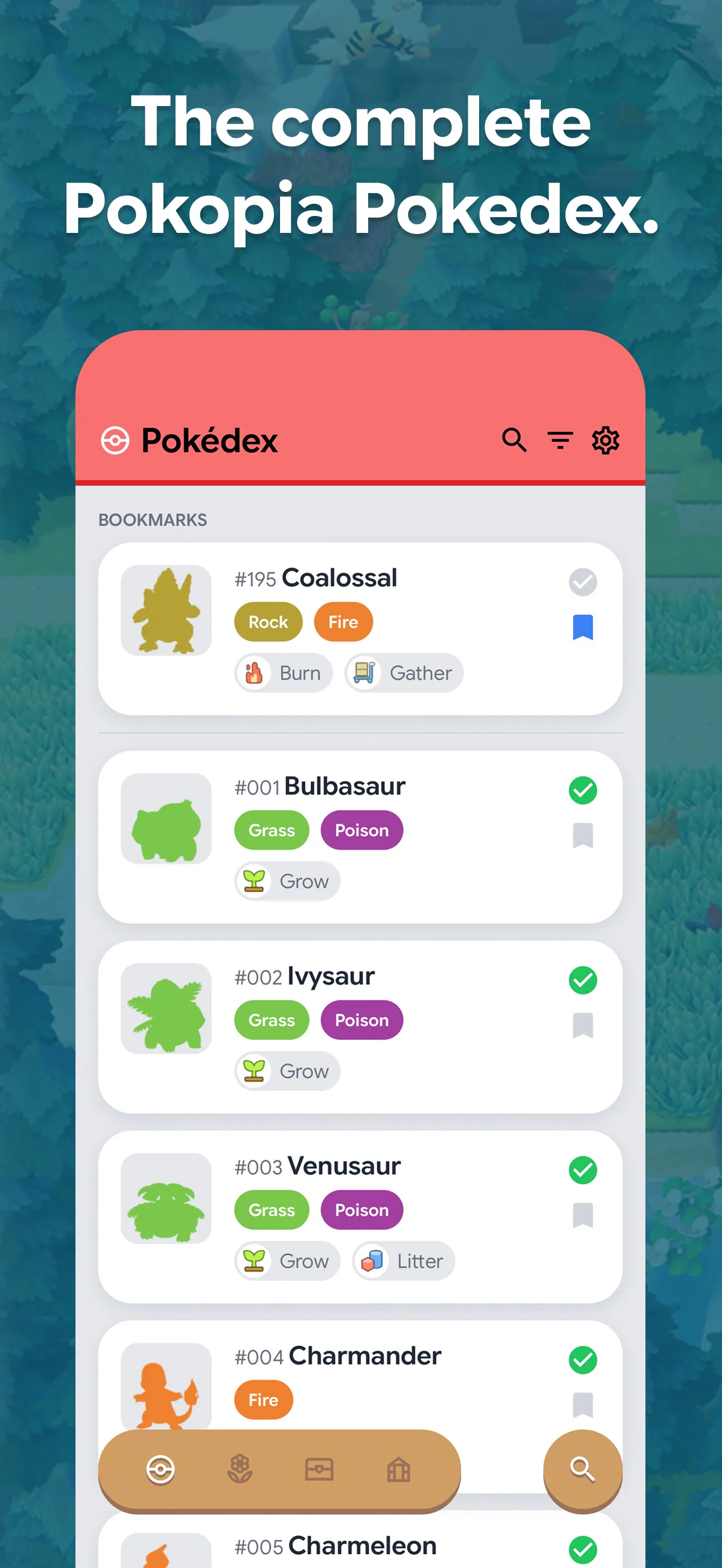 Pokopedia Pokédex app interface showing Pokémon entries like Coalosal Bulbasaur and Ivysaur with type tags