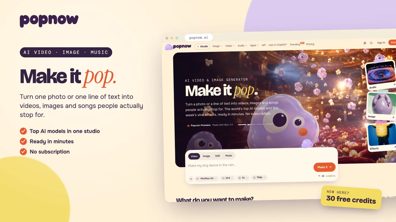PopNow: A website page with a picture of a dog and the words make it pop.