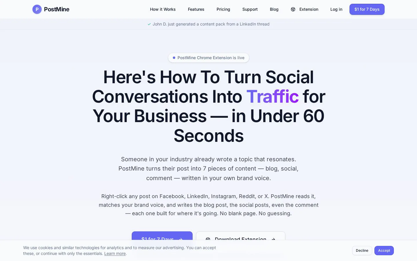 Postmine website homepage