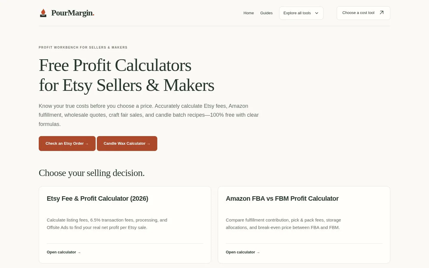 PourMargin homepage with free seller fee, profit, and candle cost calculators