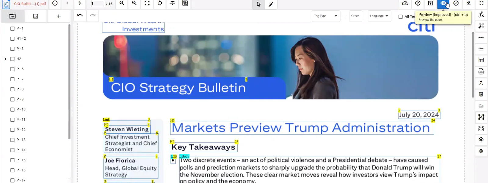 PREP Document Remediation Software interface showing a CIO Strategy Bulletin document with Markets Preview Trump Administration headline