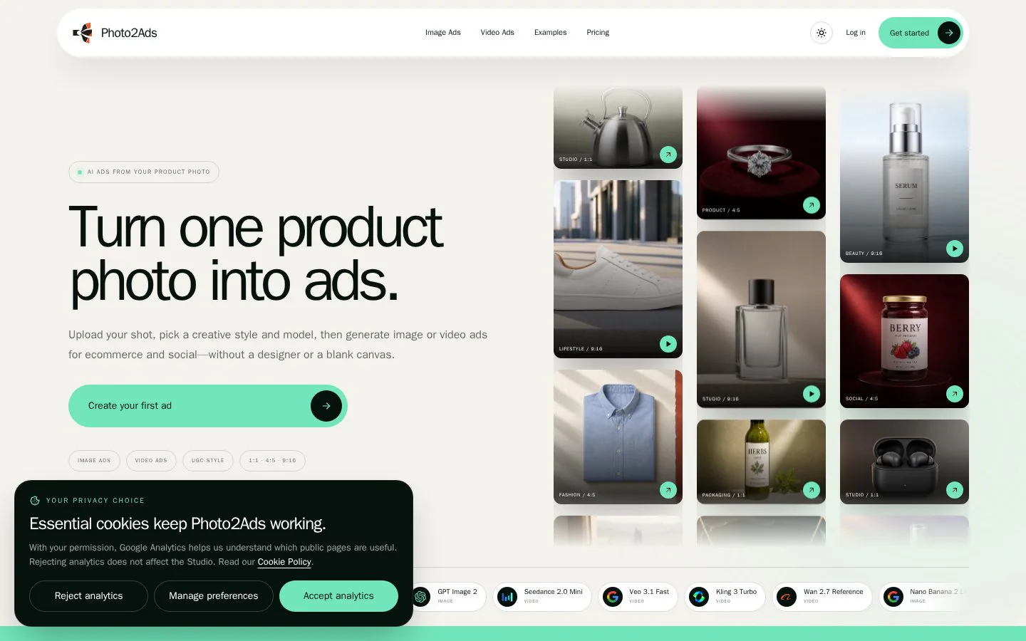 Product Photo to Ads: AI Product Ad Generator website homepage