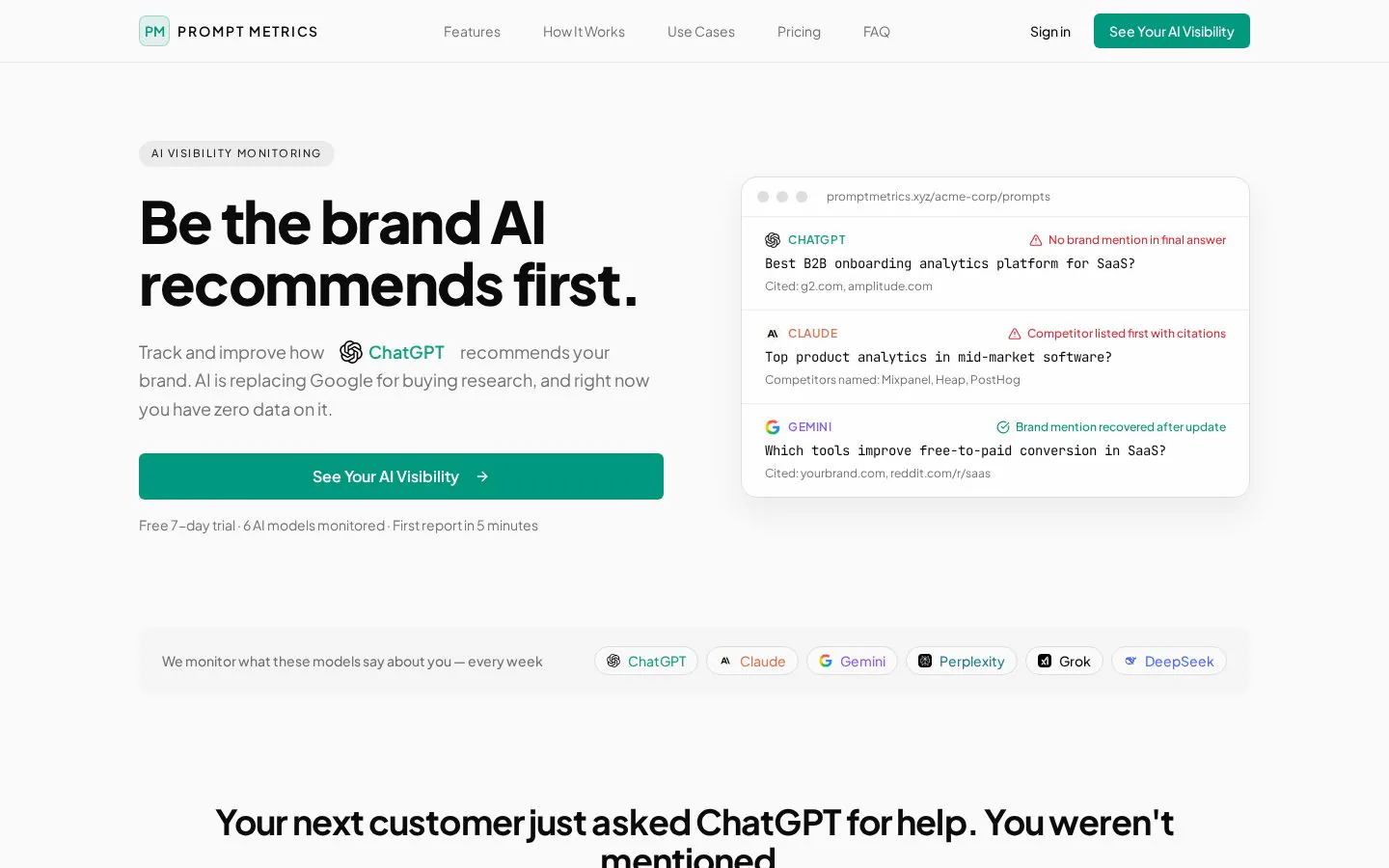 Prompt Metrics website homepage