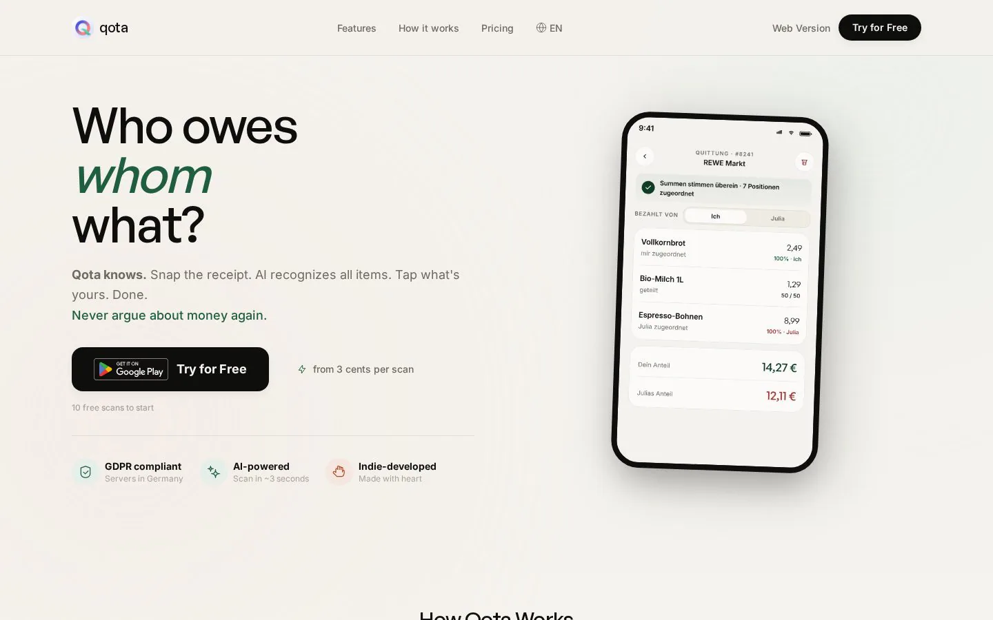 Qota website homepage