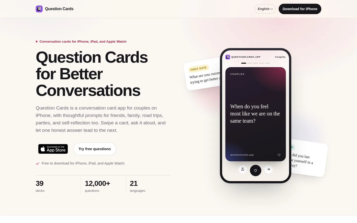 Homepage of questioncards.app