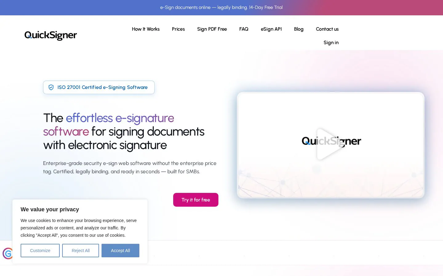 QuickSigner website homepage