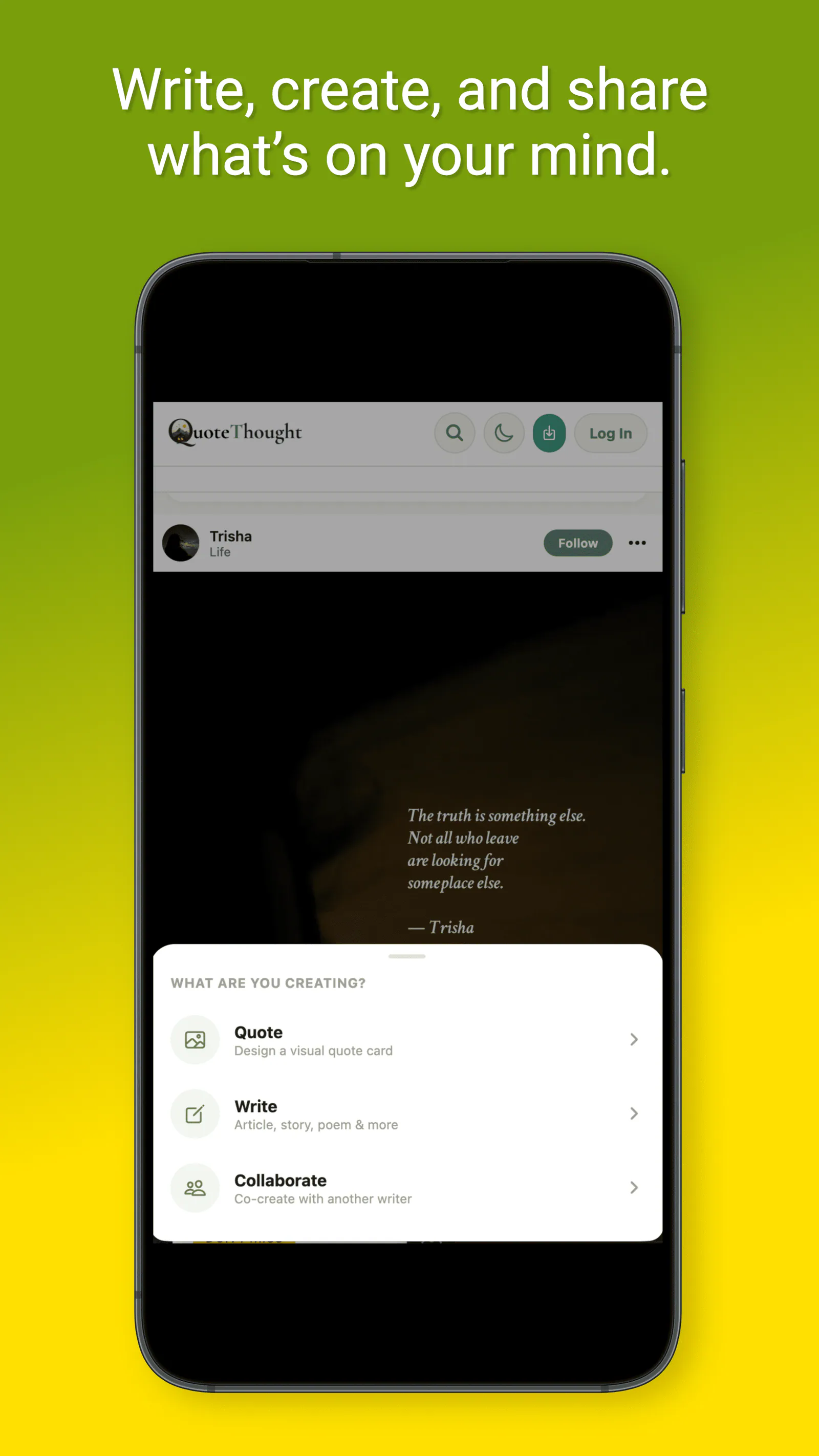 Quotethought app interface showing quote card and create options