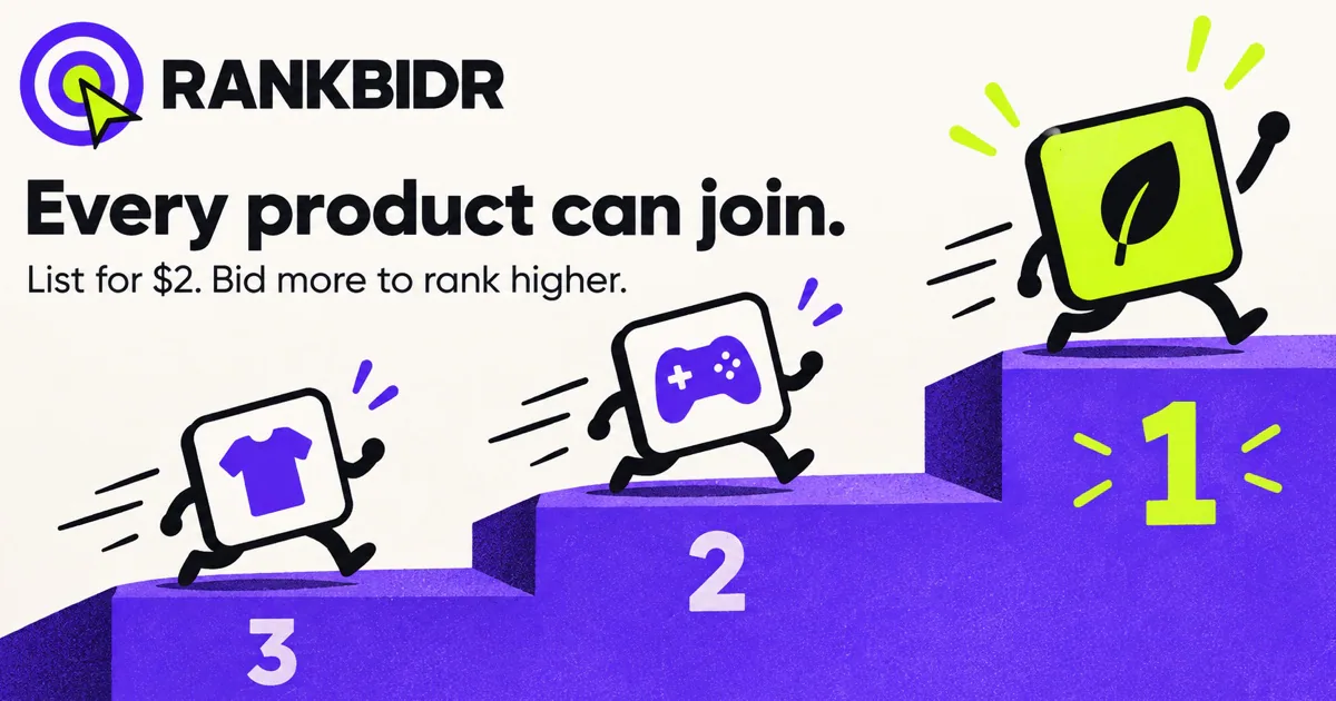 RankBidr logo and text with three cartoon icons on purple podiums ranked one to three