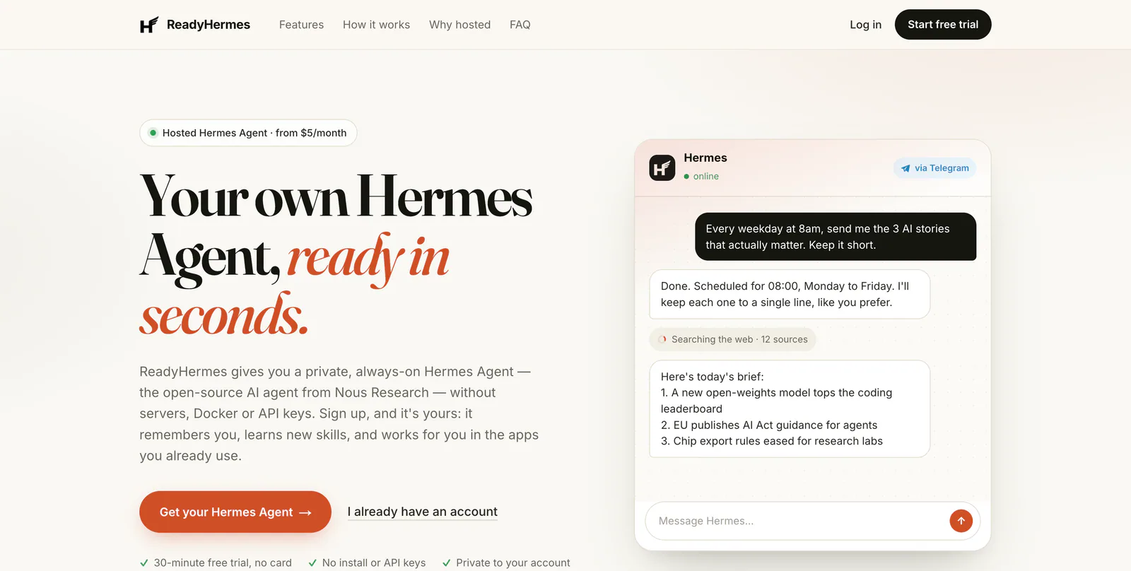 ReadyHermes product screenshot showing Your own Hermes Agent ready in seconds headline and chat interface