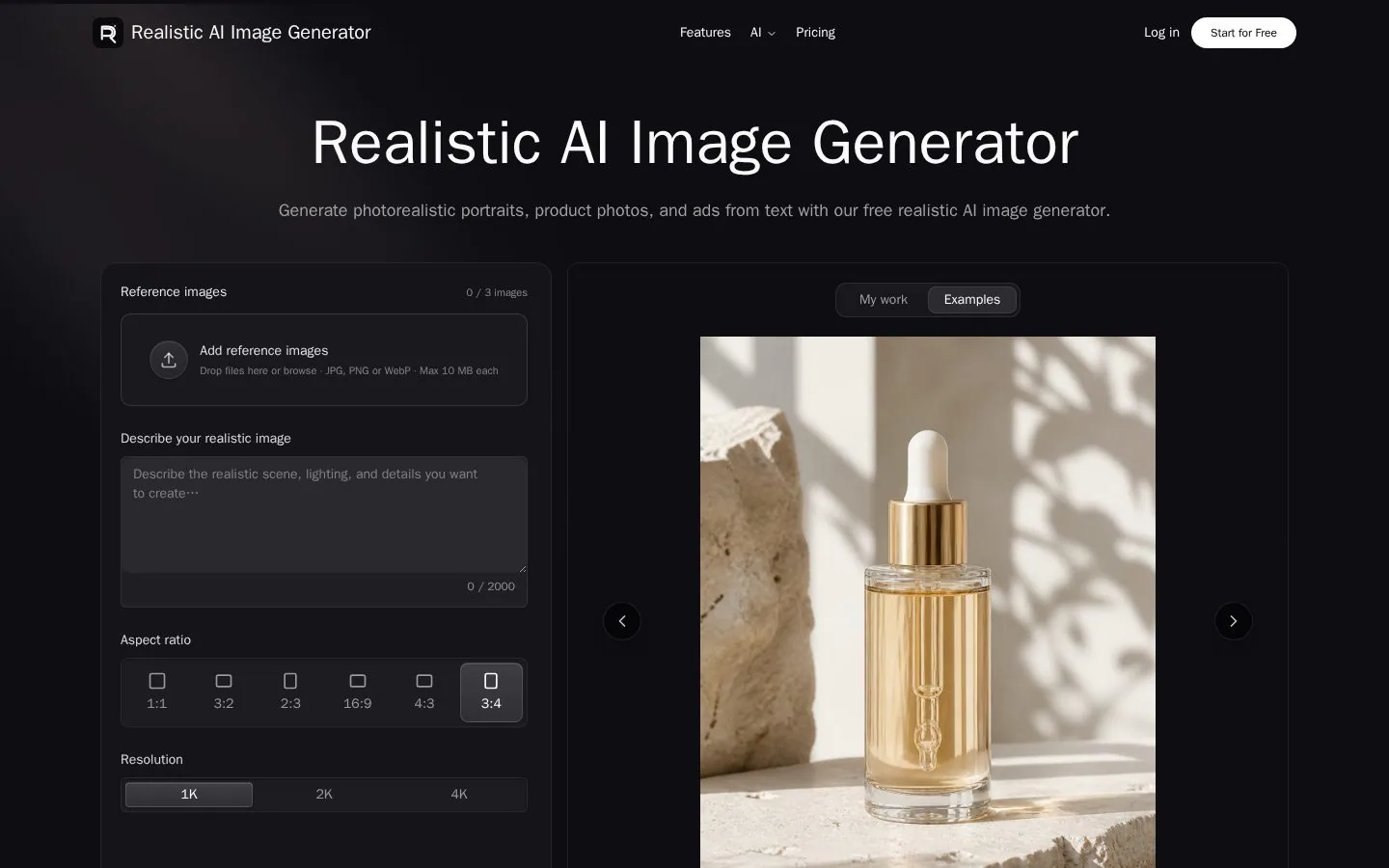 Realistic AI Image Generator website homepage