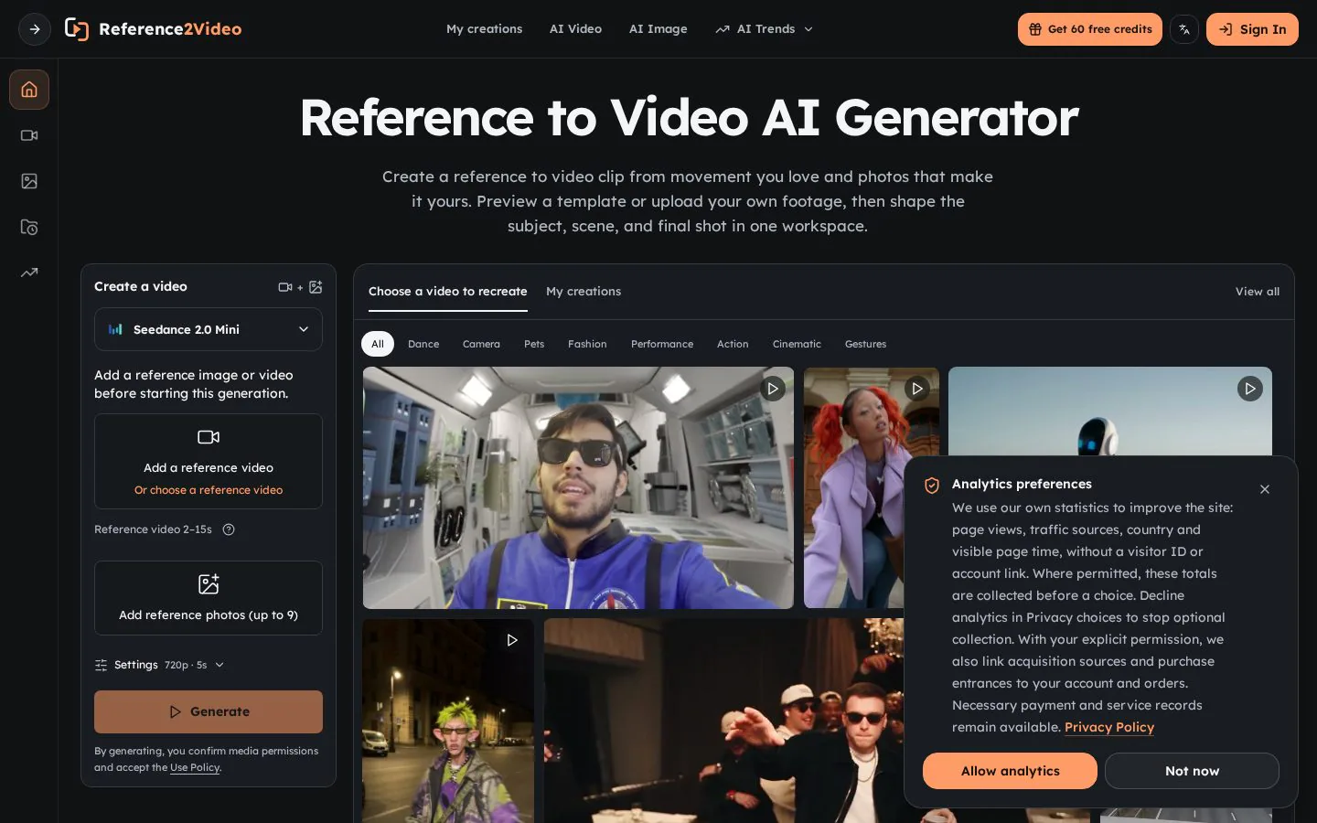 Reference to Video screenshot showing a website called reference to videoAI Generator
