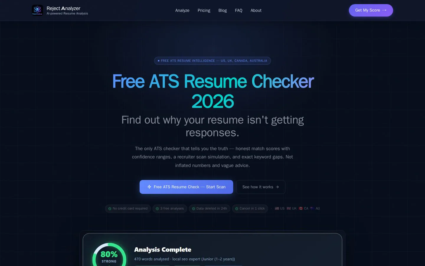 Reject Analyzer AI website homepage