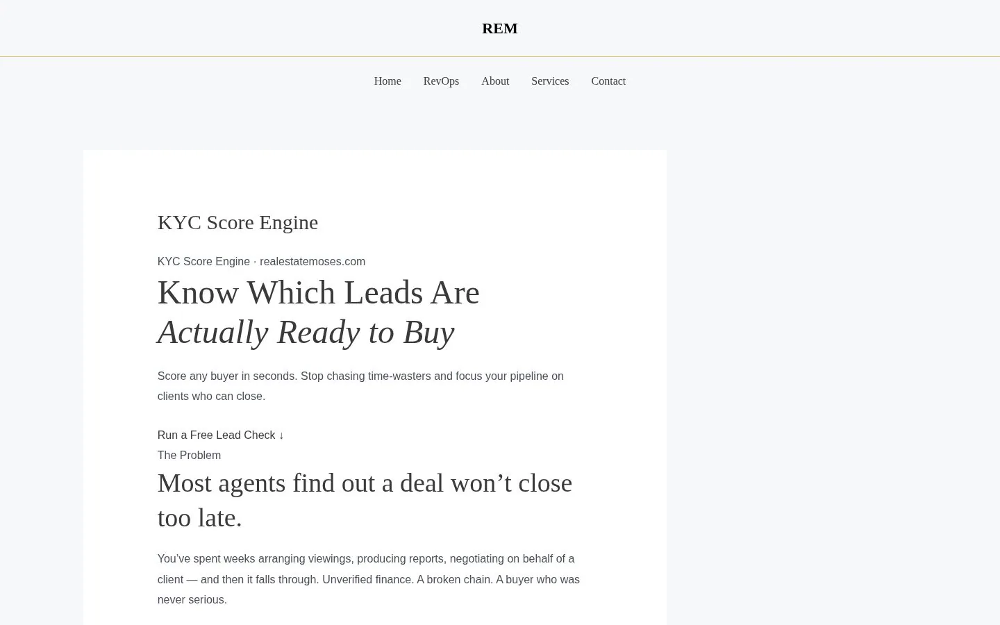 REM KYC Lead Scoring Tool website homepage