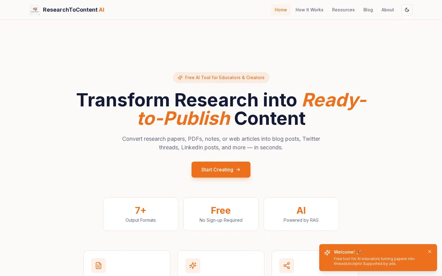 ResearchToContent AI website homepage