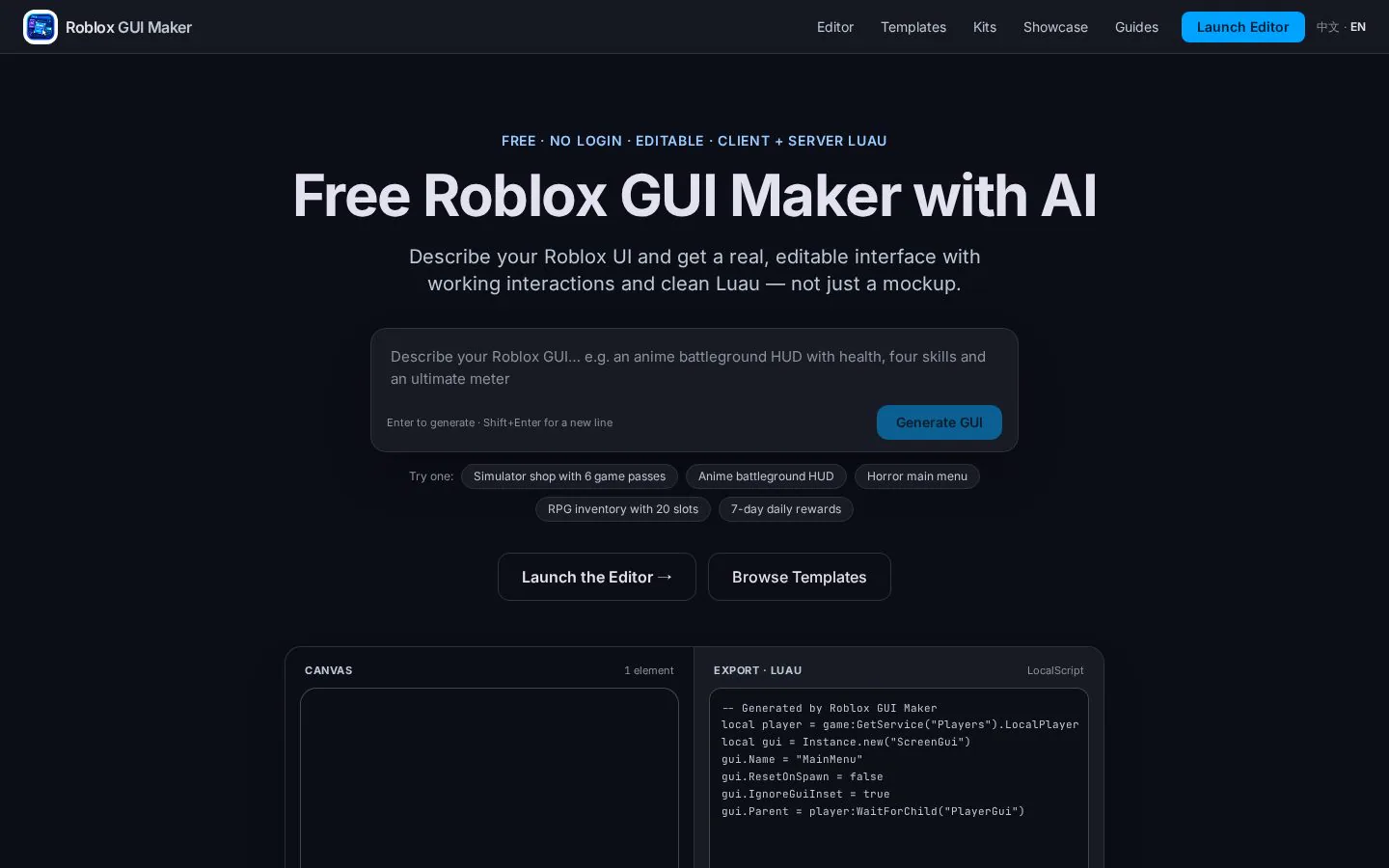 Roblox Gui Maker website homepage
