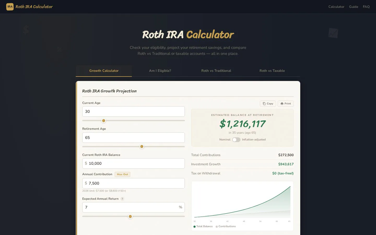 Roth IRA Calculator website homepage