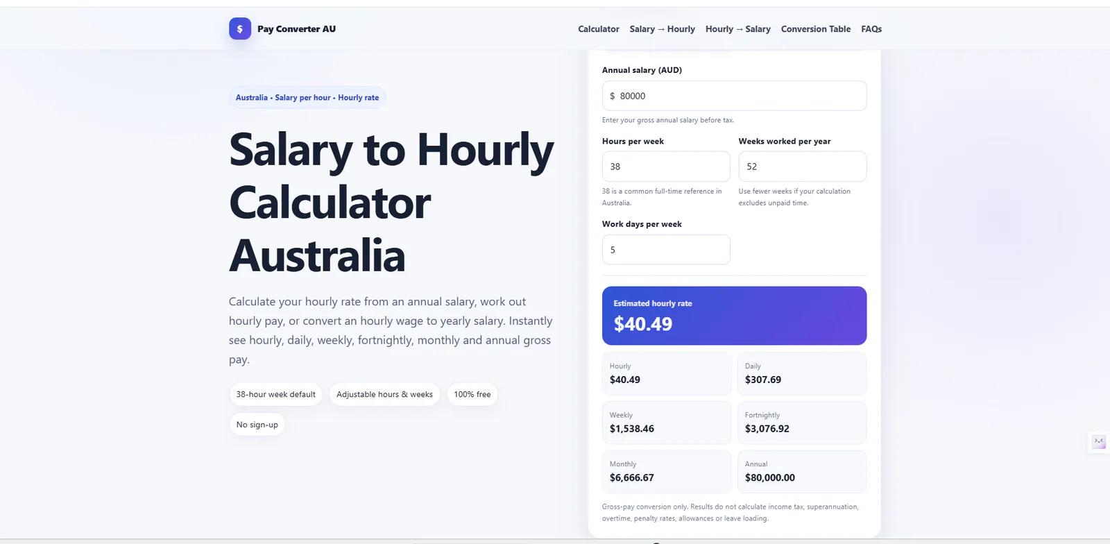Salary to Hourly Calculator Australia screenshot on IndieTools