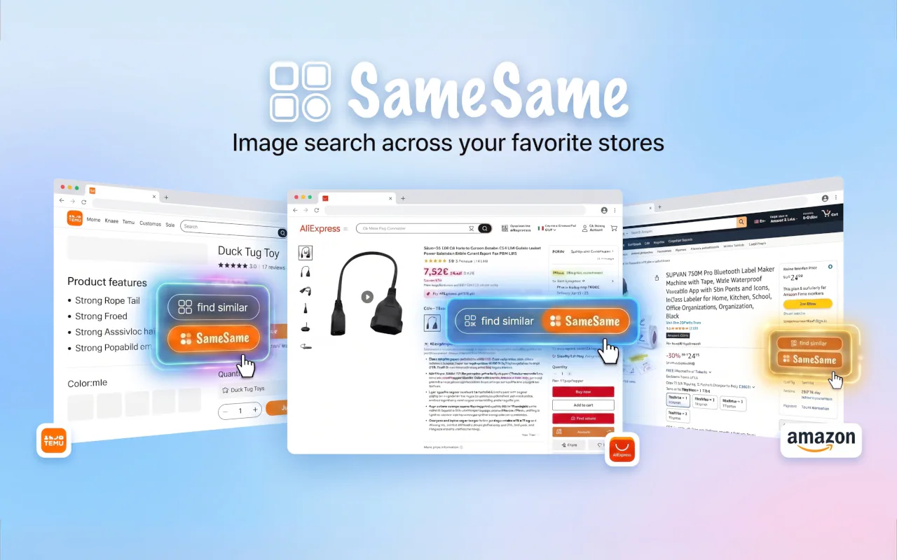SameSame product screenshot showing Amazon Temu and AliExpress right click image search