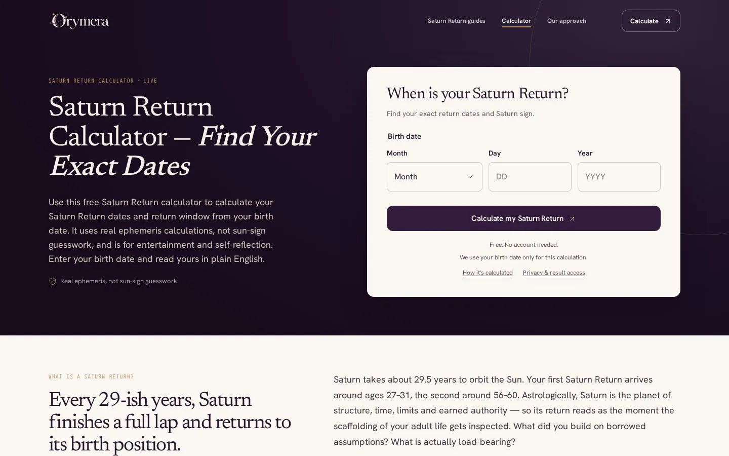 Saturn Return Calculator by Orymera website homepage