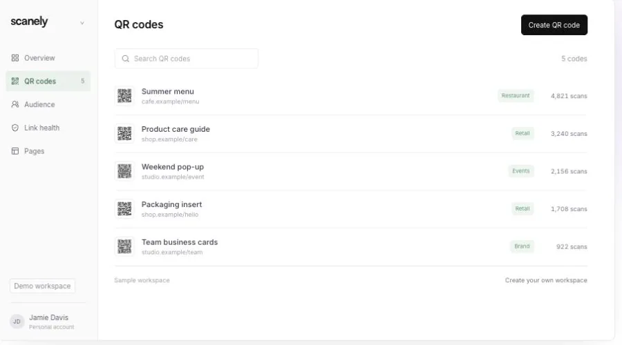 Scanely dashboard showing QR code inventory list with scan counts