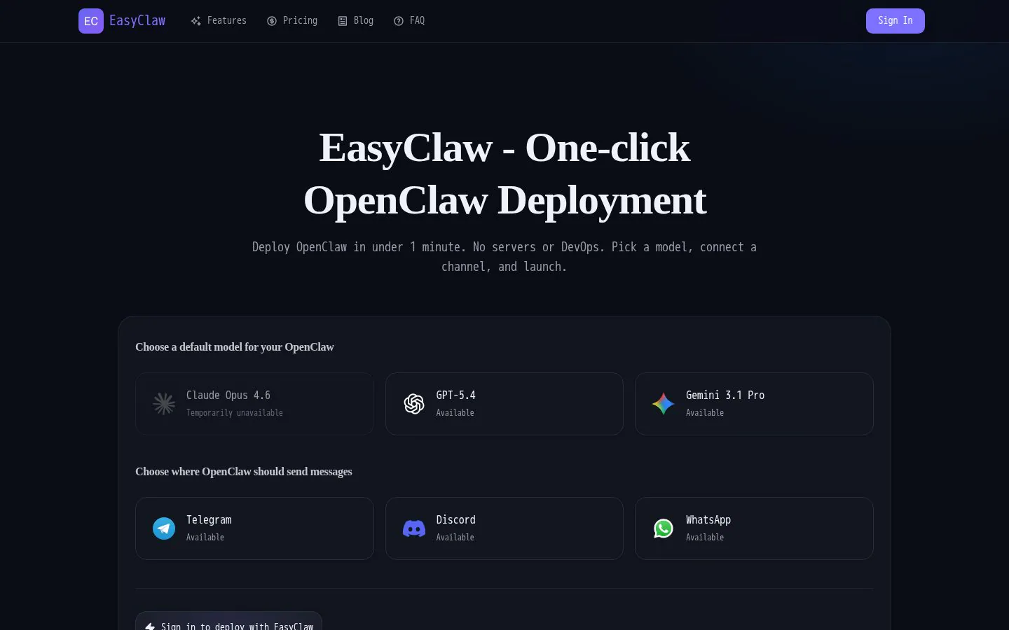 SimpleClaw website homepage