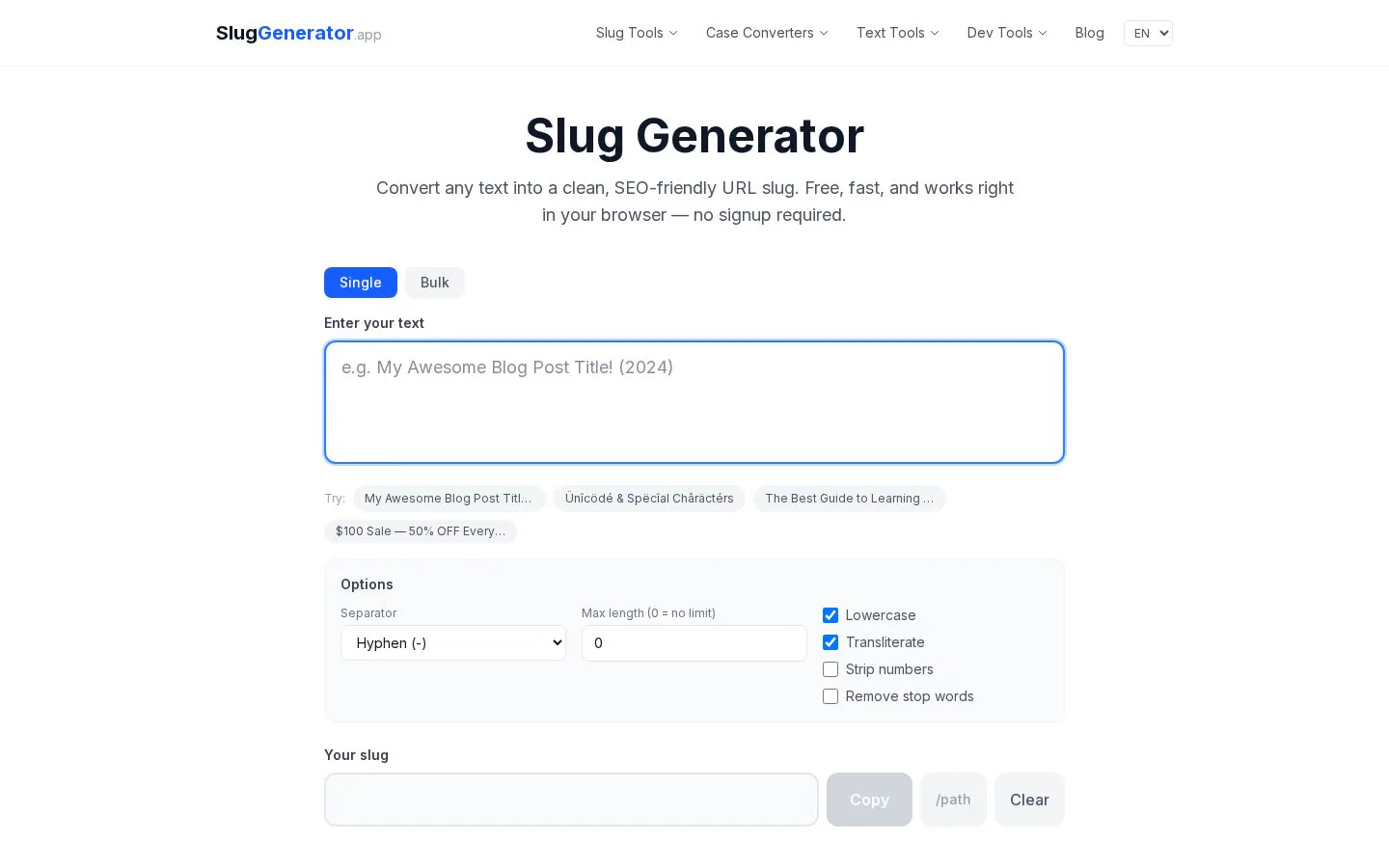 Slug Generator website homepage