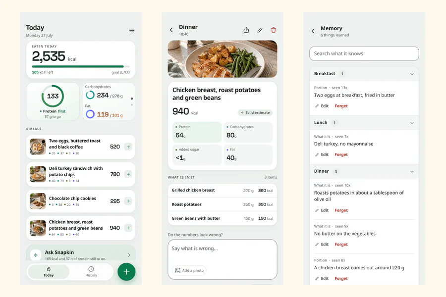 Snapkin app interface showing meal tracking and calorie counting features