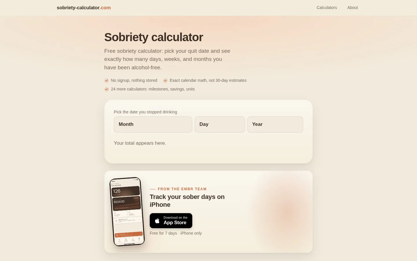 Sobriety Tracker website homepage