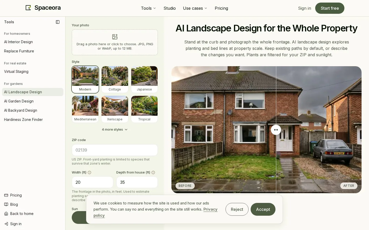 Spaceora AI landscape design page showing a home exterior and design examples
