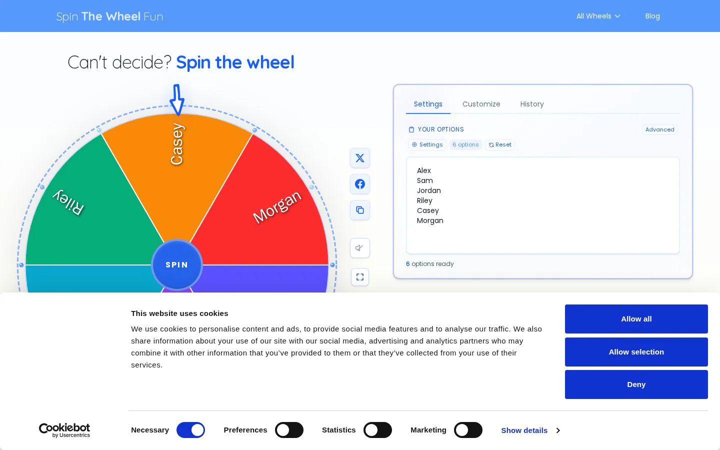 Spin The Wheel website homepage