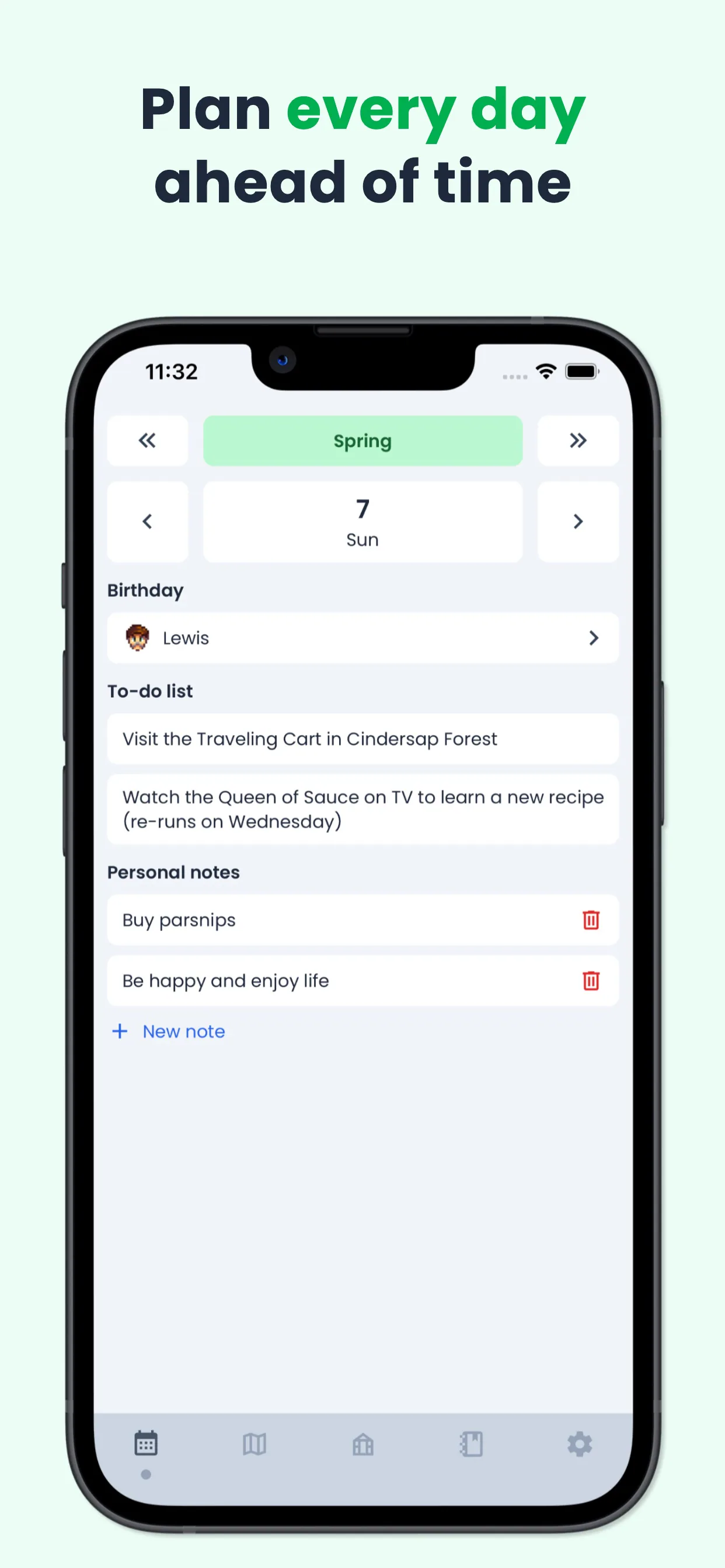 Stardew Valley Tracker product screenshot showing Spring 7th calendar with to do list and personal notes