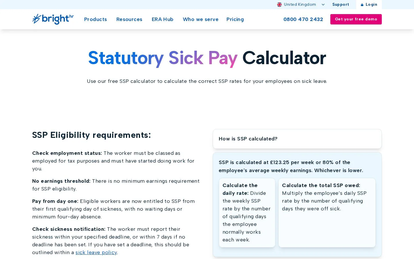 Statutory Sick Pay Calculator product screenshot showing eligibility requirements and calculation steps