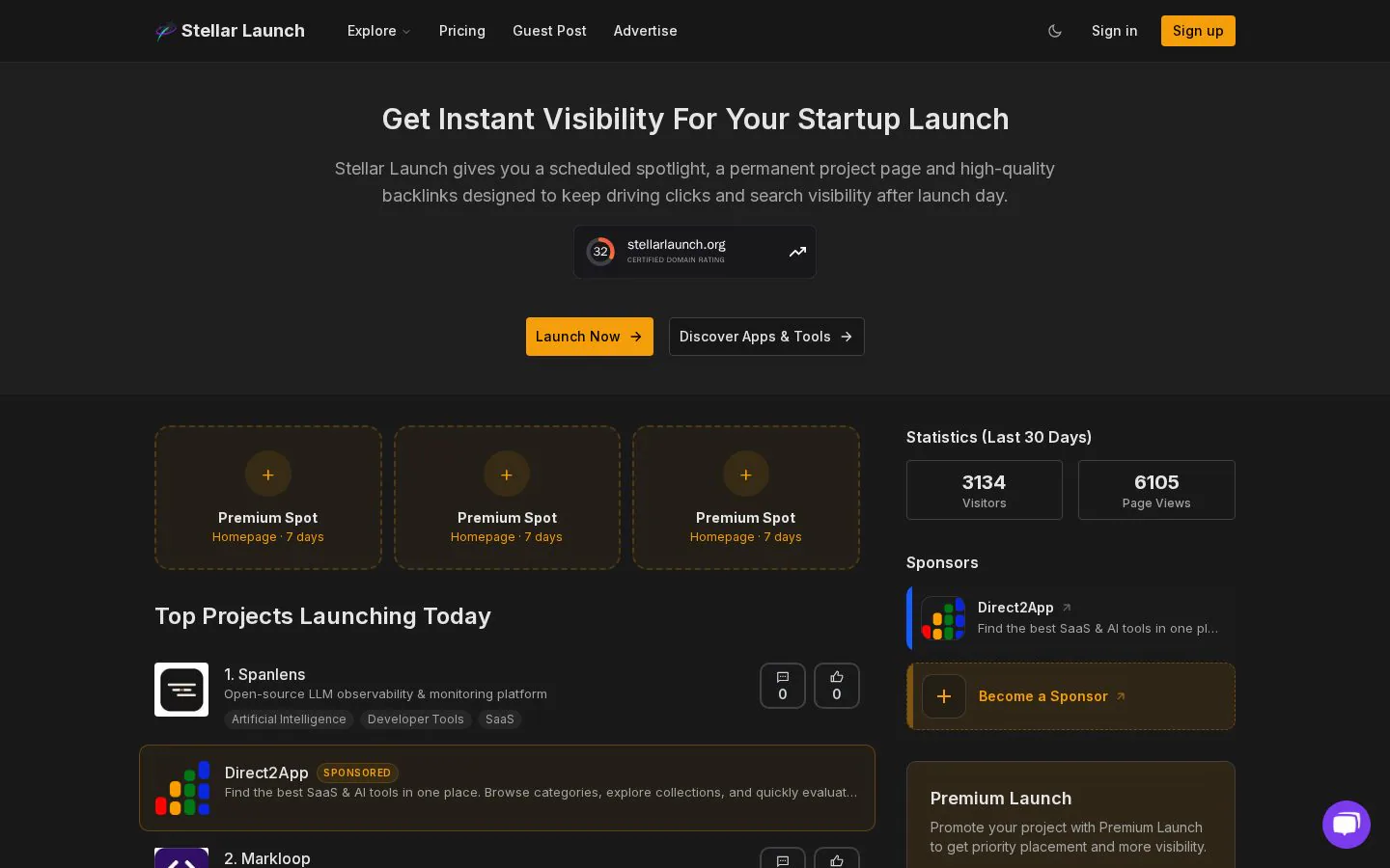 Stellar Launch website homepage