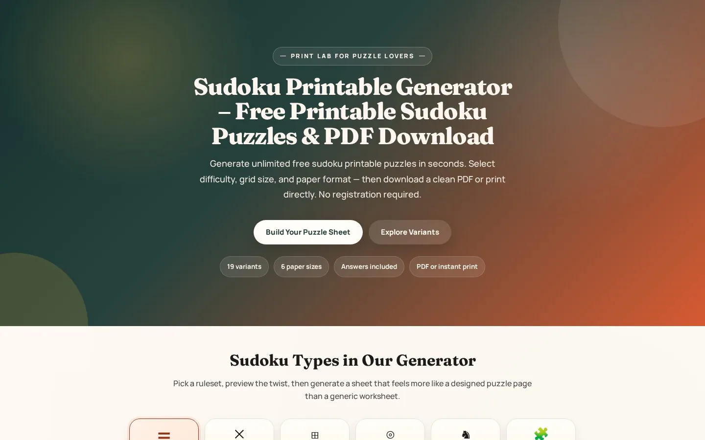 Sudoku Printable Generator website homepage