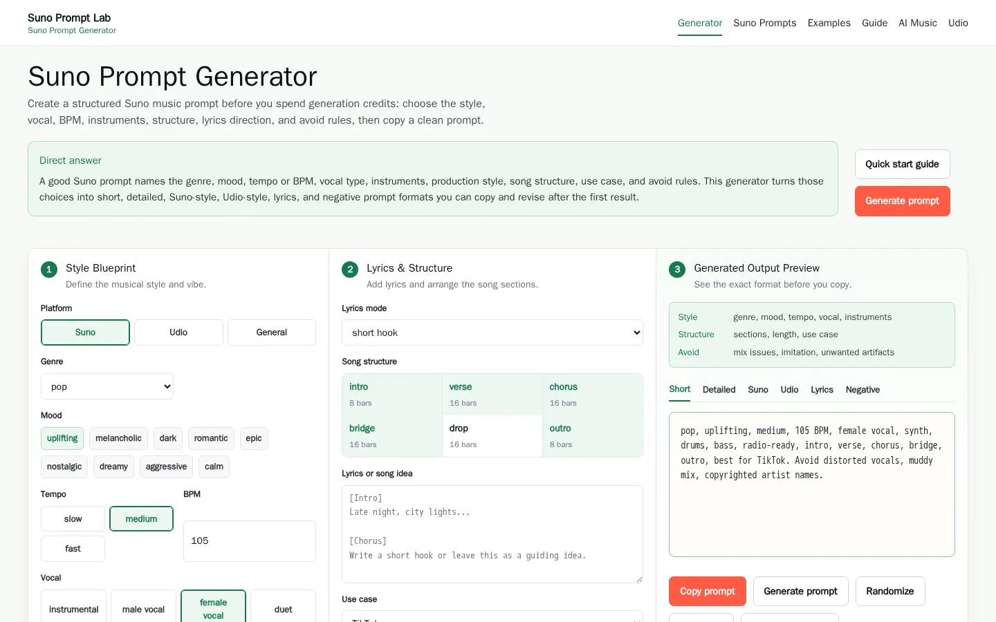 Suno Prompt Lab website homepage