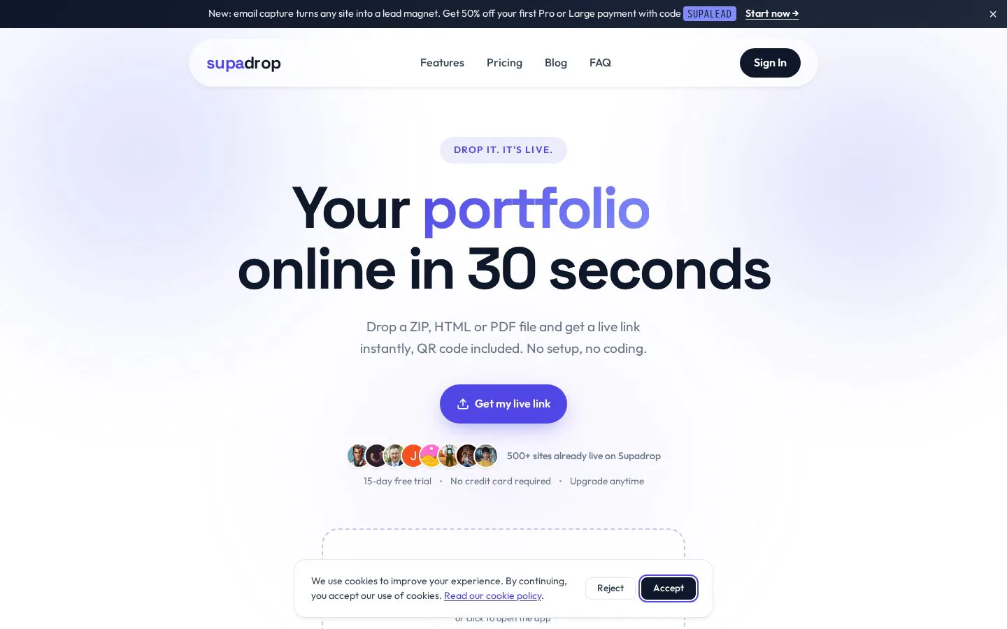 Supadrop website homepage