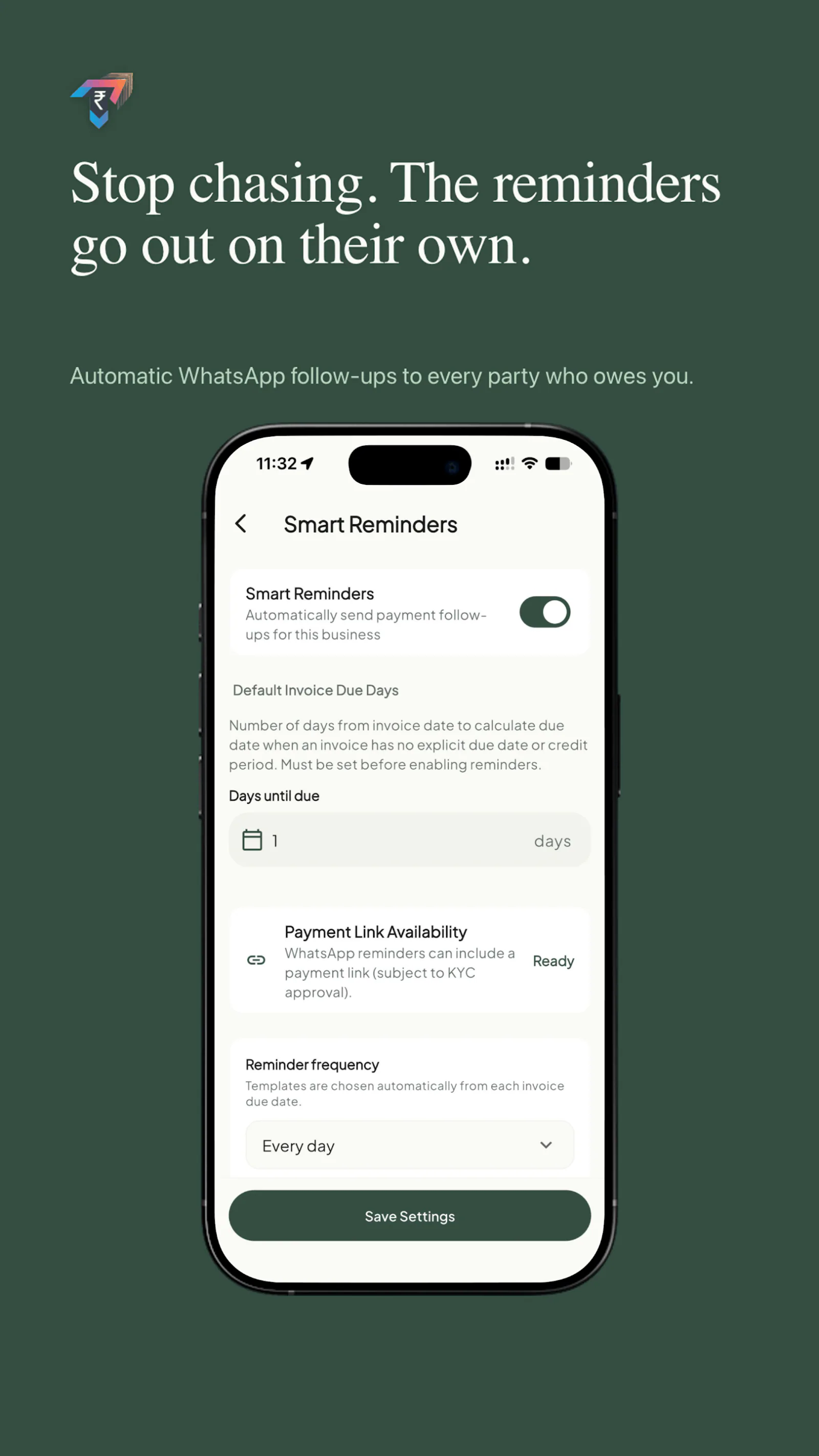 Takkada mobile app interface showing smart reminders settings