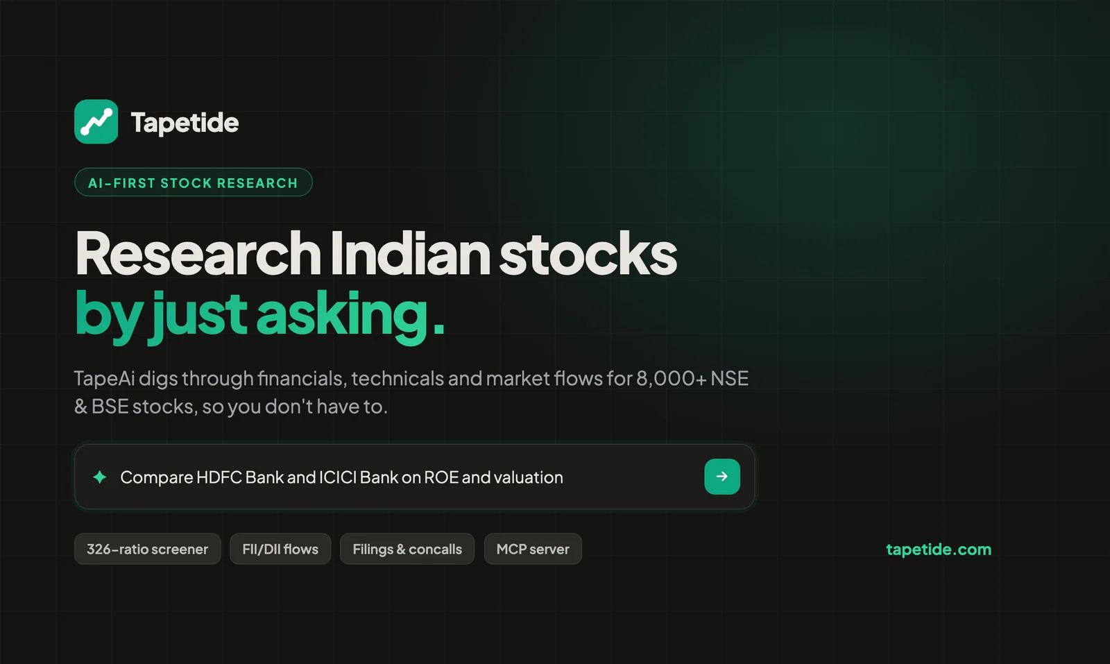 A screen shot of a page with the words research indian stocks by just asking.