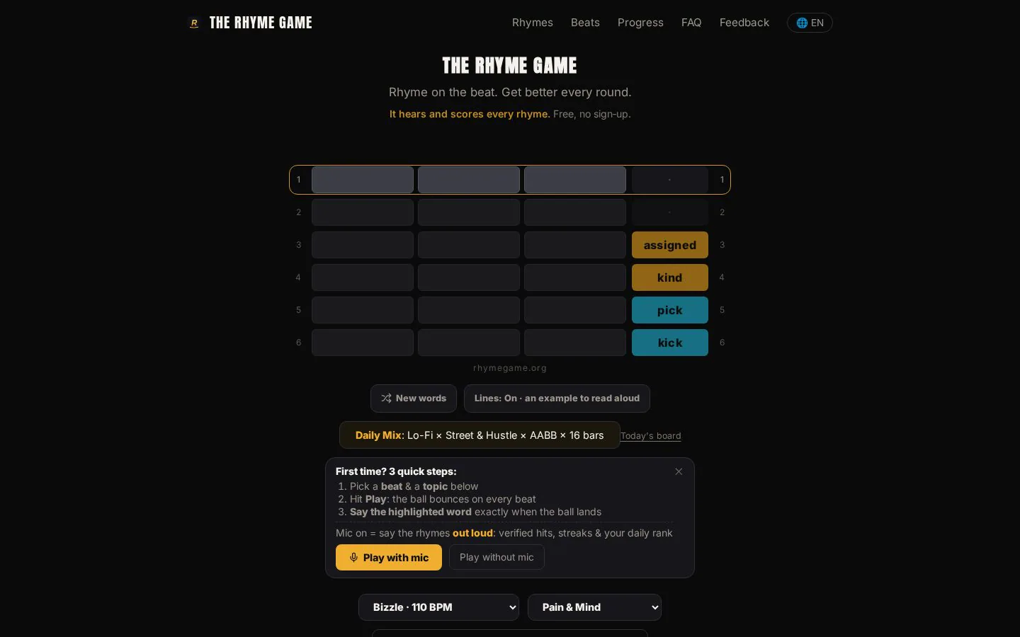 The Rhyme Game website homepage