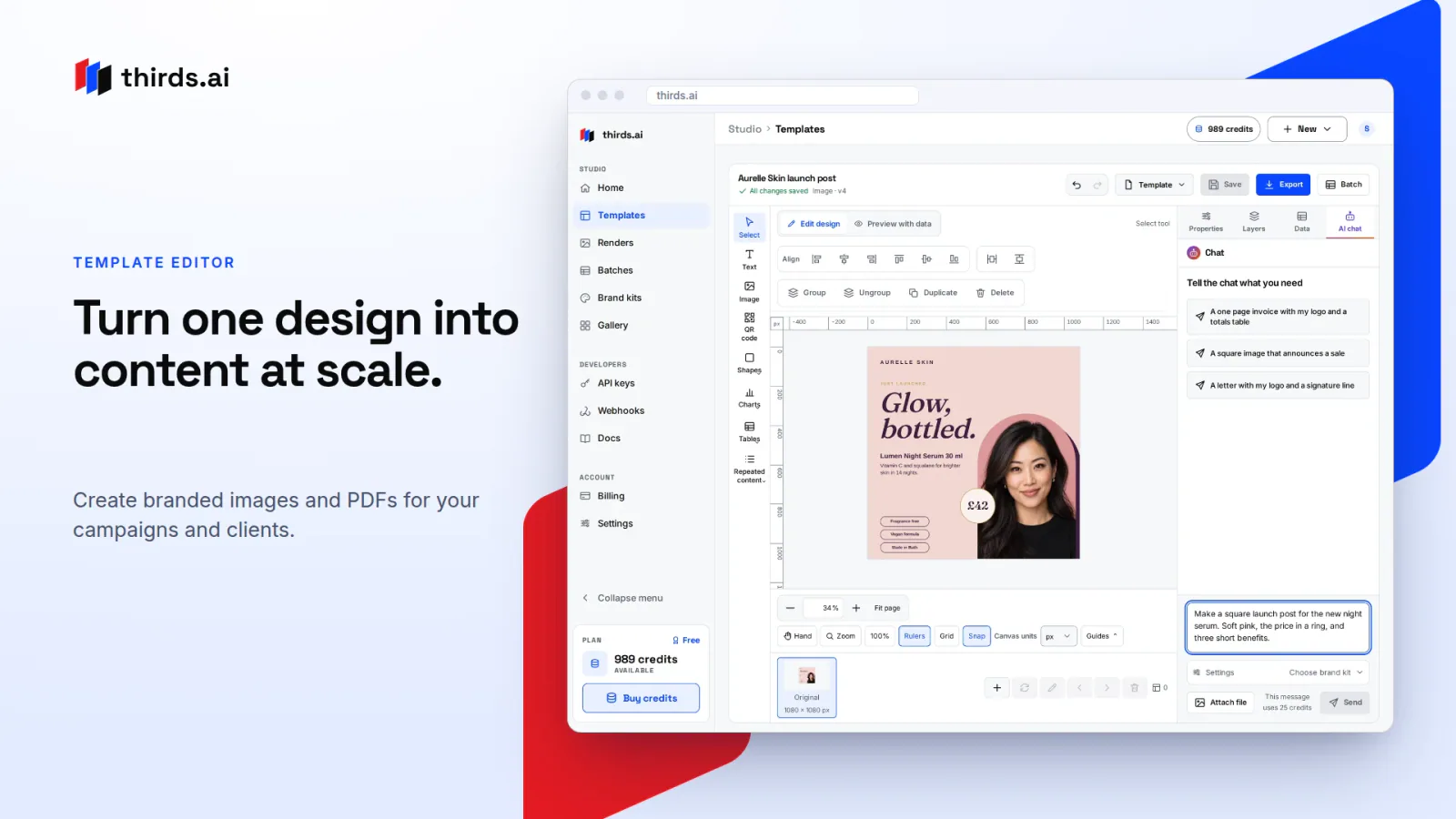 thirds ai product screenshot showing template editor interface with text turn one design into content at scale