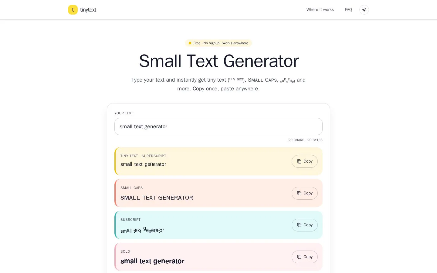 TinyText website homepage
